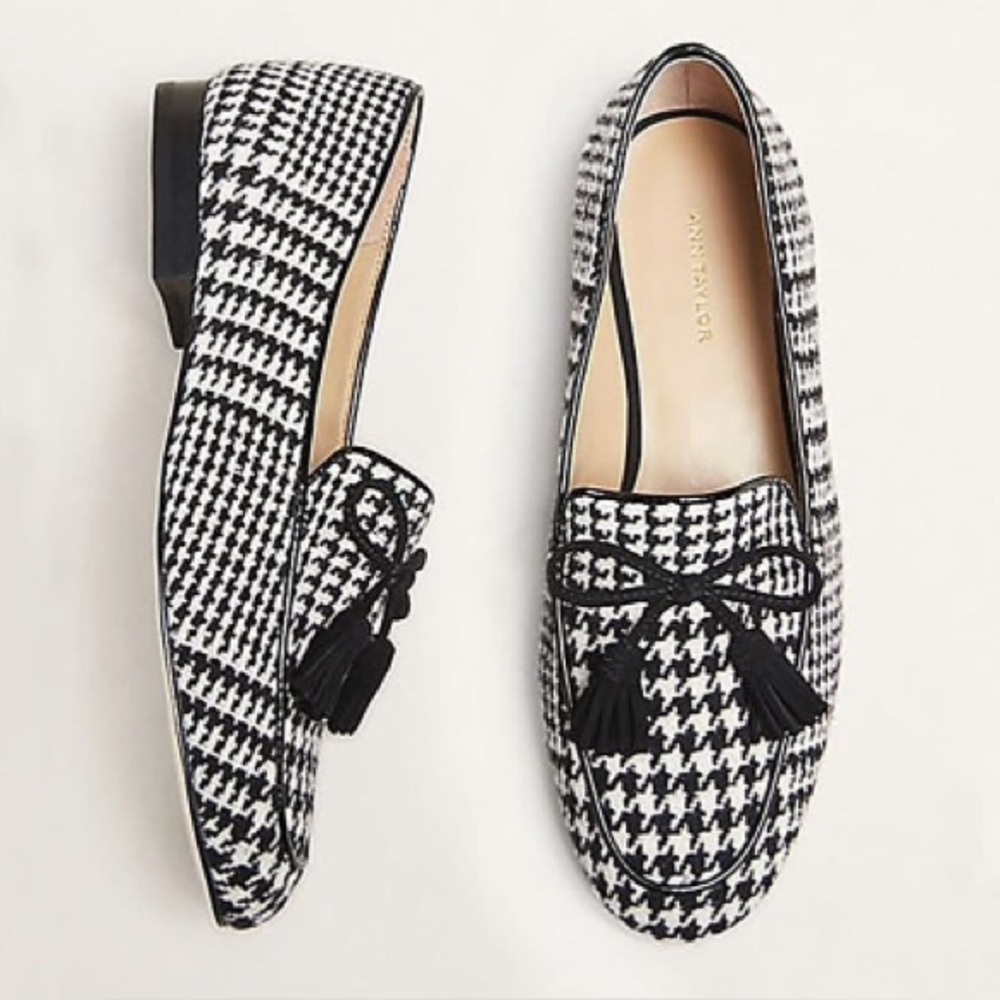 Ann Taylor Houndstooth Tassel Loafers - Black & White